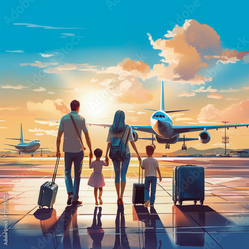 Family with suitcases at the airport