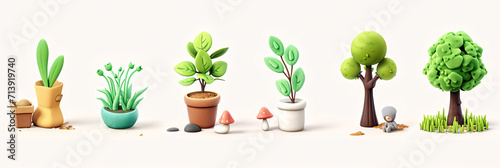 3D Vector Cartoon Icon Set Featuring Plant Shoots, Potted Houseplants, Trees, and Grass photo