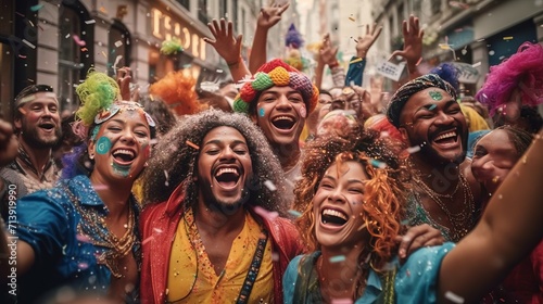 Brazilian carnival - Happy people celebrating brazilian carnival, Generative ai photo