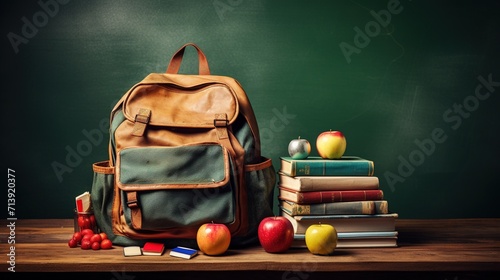 Vintage-inspired depiction of a school bag overflowing with books and school supplies on a classroom board. Back to school concept background with copy space