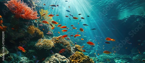 Coral reef with branching coral and colorful tropical fish swimming underwater in a natural marine ecosystem attracting eco tourism and divers. Creative Banner. Copyspace image