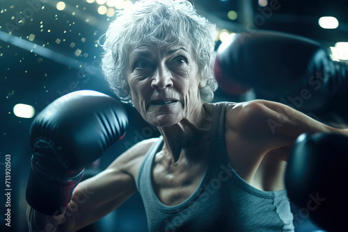 Mature elderly woman pensioner smiling happily doing boxing lifestyle for health in gym.