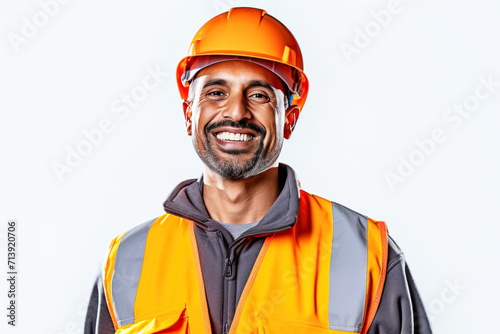 Close-up of a smiling male road worker in uniform, helmet, special clothing, white background isolate.