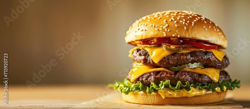 Delicious double beef patty cheeseburger with lettuce and melting cheese on a toasted crusty bun. Creative Banner. Copyspace image