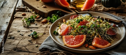 Fresh salad of grapefruit clover and alfalfa sprouts and pumpkin seeds and cutlery on a plate on the table Organic vegetarian detox food Vertical view. Creative Banner. Copyspace image