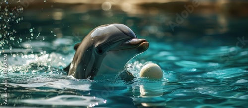 Cheerful dolphin swims with a ball in his mouth. Creative Banner. Copyspace image photo