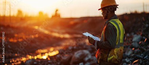 Defocused miner wearing a white fall protection safety helmet double checking on JHA Job Hazard Analysis and signing signature permit to work prior work on opening field construction site Austr photo