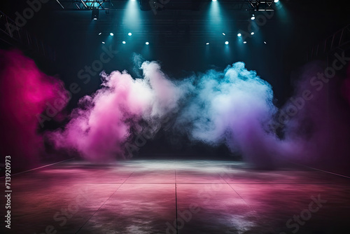 empty studio room with smoke float up the interior texture for display products. The dark stage shows, empty dark blue, purple, pink background, neon light, spotlights,