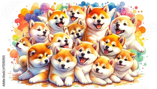 A vibrant watercolor painting of a large group of fluffy, adorable Mame Shiba Inus engaging in playful antics, using bright colors.