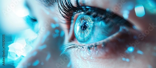 Doctor examines the patient s vision using a realistic human eye hologram Modern ophthalmologist vision concept laser eye surgery cataract astigmatism digital healthcare and hologram network photo