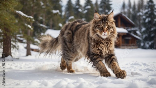 Maine Coon walking in the white snow