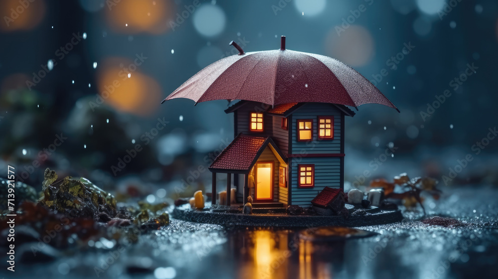 miniature small House model standing under umbrella in mud during heavy rain. House insurance and real estate protection concept miniature small House model standing under umbrella in mud during heavy rain. House insurance and real estate protection concept