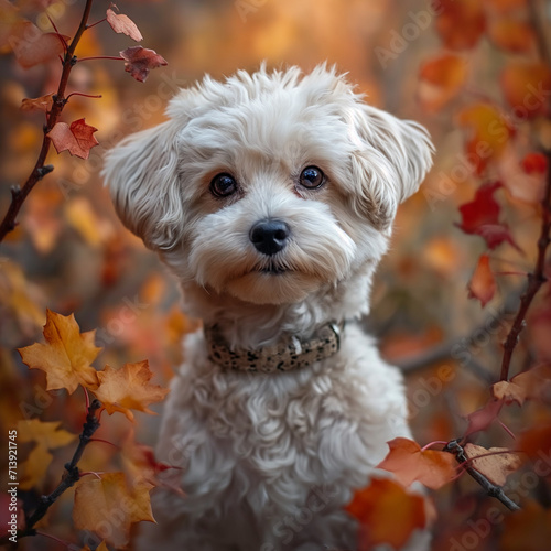 Generative AI, Autumn Splendor: Captivating Bichon Frize Dog Portrait Amidst a Kaleidoscope of Fall Leaves photo