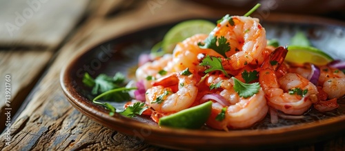 Ecuadorian shrimp ceviche a traditional appetizer On a white wooden table. Creative Banner. Copyspace image photo