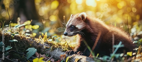 Brown Furry Wolverine in Natural Habitat on sunny day. Creative Banner. Copyspace image