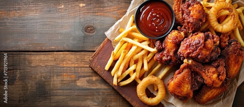 Fried Chicken wings with onion rings french fries and dipping sauce take away food. Creative Banner. Copyspace image
