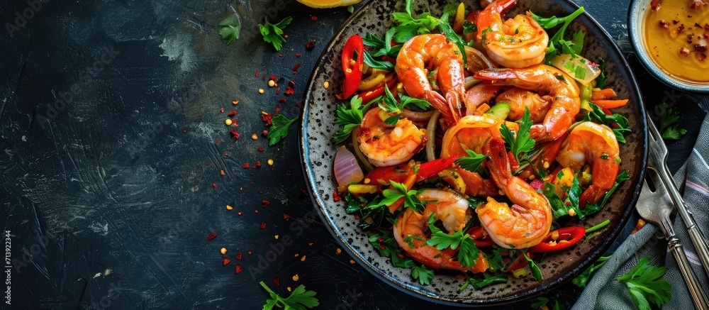 Fresh shrimp on white plate and fresh vegetables cooked shrimps prawns and seafood spicy chili sauce coriander cooking shrimp salad lemon lime. Creative Banner. Copyspace image - obrazy, fototapety, plakaty 