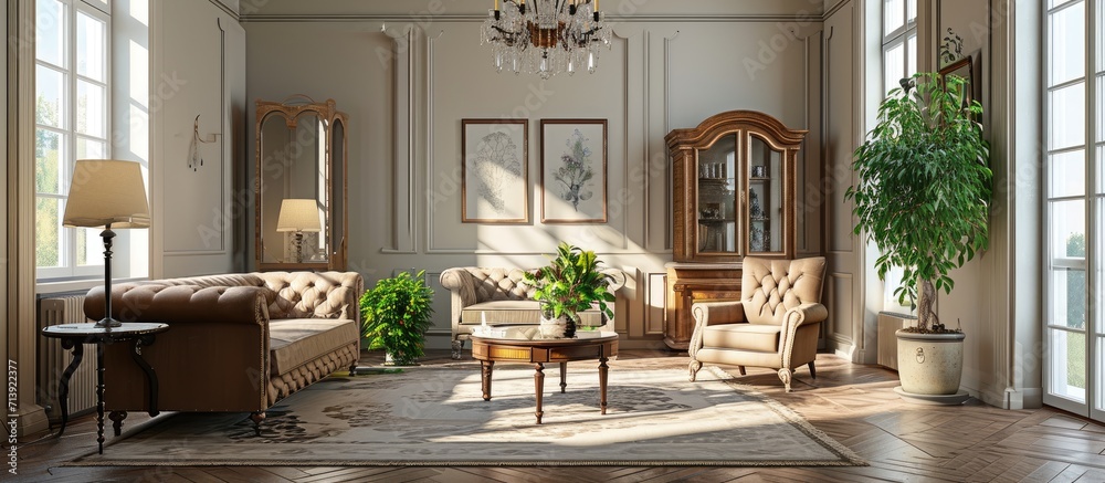 Fototapeta premium classic dining area within living room with vintage furniture. Creative Banner. Copyspace image