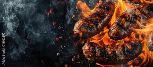 Brats being cooked on a grill with flame and smoke. Creative Banner. Copyspace image photo