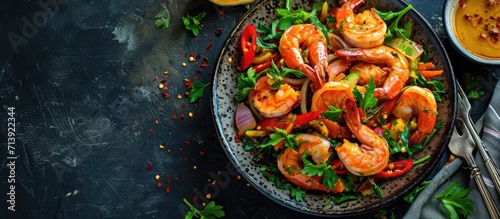 Fresh shrimp on white plate and fresh vegetables cooked shrimps prawns and seafood spicy chili sauce coriander cooking shrimp salad lemon lime. Creative Banner. Copyspace image photo