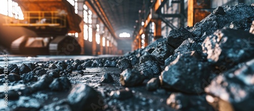 Big heap of dark black lump coal on floor bulk Charcoal sorage at warehouse stock reserve activated anthracite pile Power and heat generation Industrial and mining industry background photo