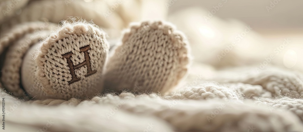 Fototapeta premium Close up of an embroidered beige brown letter H on a foot of a fluffy soft toy. Creative Banner. Copyspace image