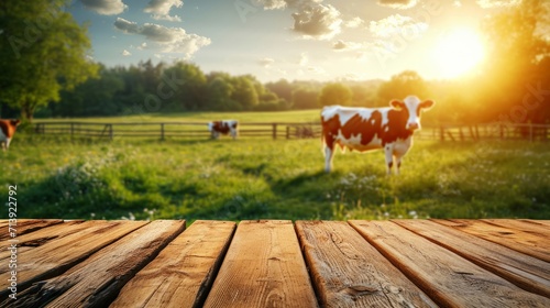 Empty wooden table top with meadow, farm, and cows on a grassy green field during the summer, morning light background. for display or montage of your products. photo