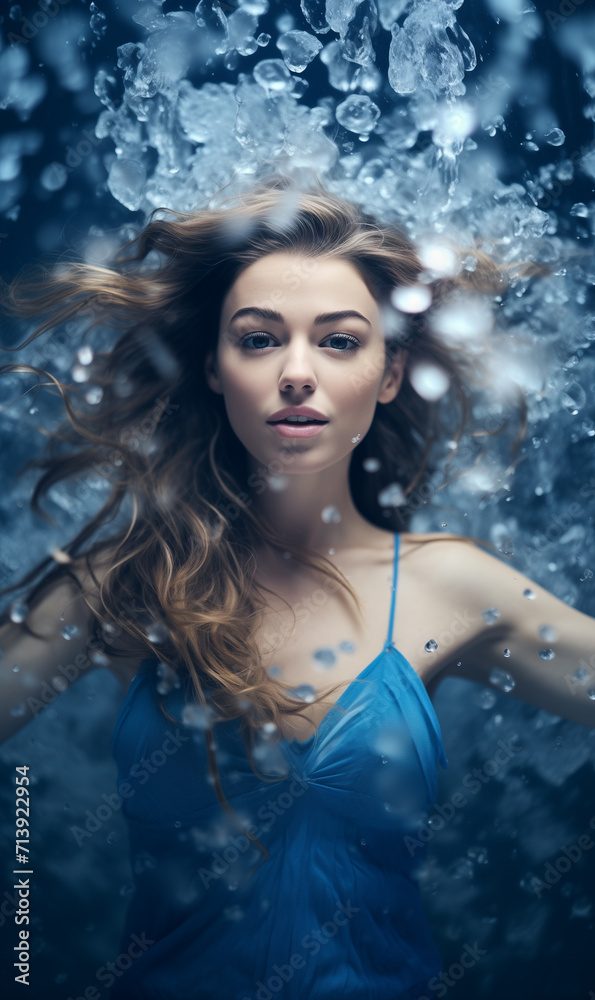 Blond woman in blue dress, blue ice interior background with copy space. Ice frost frozen room winter miracle with fairy princess. interior magic sparkles glows light. 