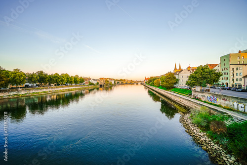 View of the Danube and the landscape in the city of Regensburg. Donau. 