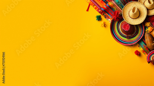 Cinco de Mayo Celebration  Top View Photo of Colorful Sombrero Hats  Nacho Chips  and Maracas on Bright Yellow Background with Copy Space for Promotional Content.