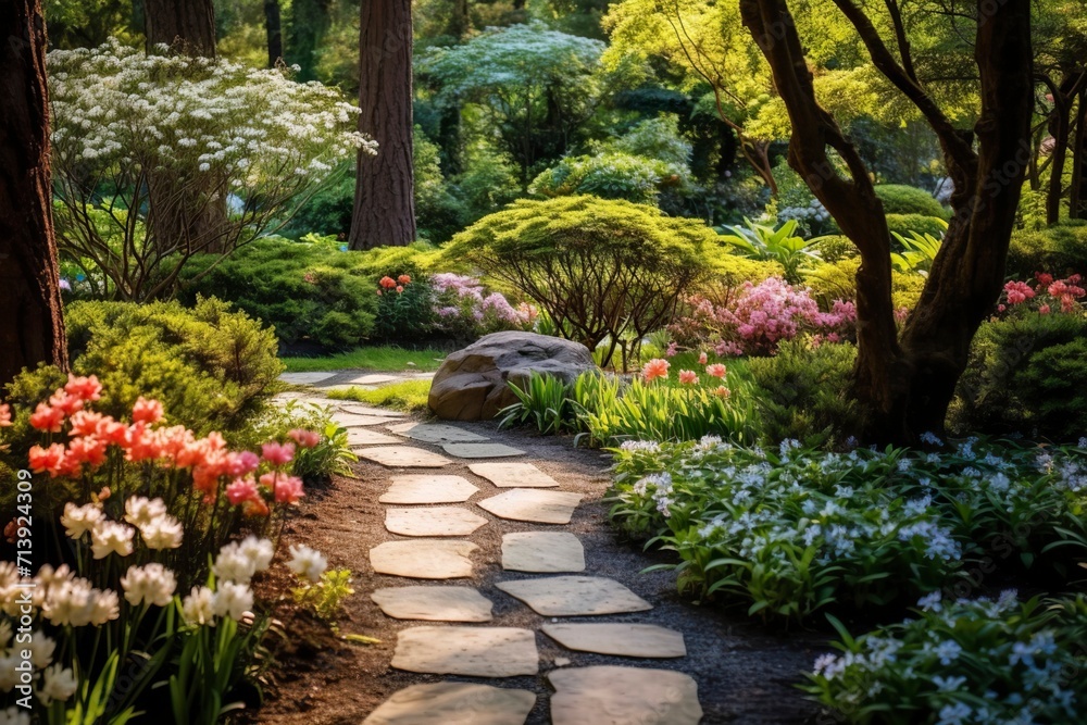 Garden with blooming flowers and pathway Garden with blooming flowers and pathway