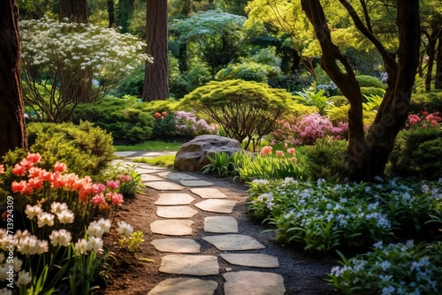 Garden with blooming flowers and pathway © CREATIVE STOCK