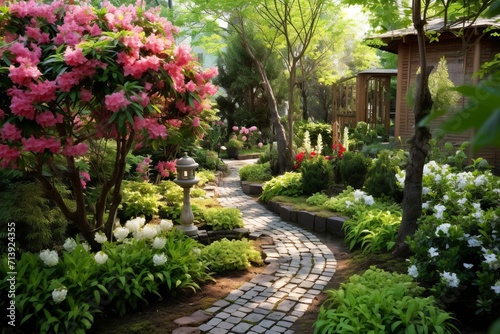 Garden with blooming flowers and pathway