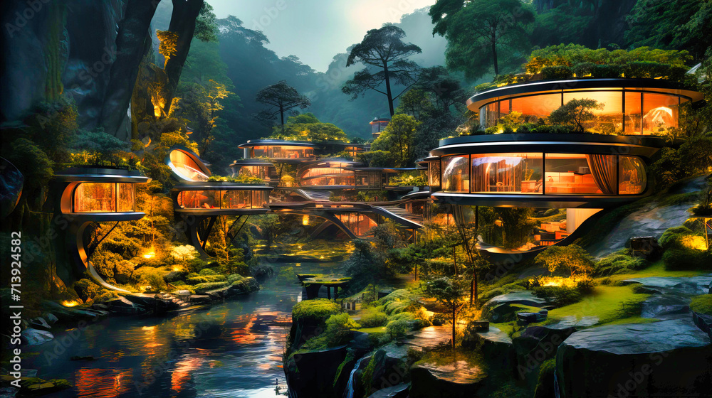 Immerse yourself in the tranquility of an Asian landscape with this waterfall and temple illustration. The serene scene captures the beauty of nature and ancient architecture.