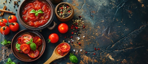 Bowl full of tomato sauce Wooden spoon full of tomato sauce spices seasonings Sliced ripe cherry tomato slices Procurement of ingredients for recipes. Creative Banner. Copyspace image