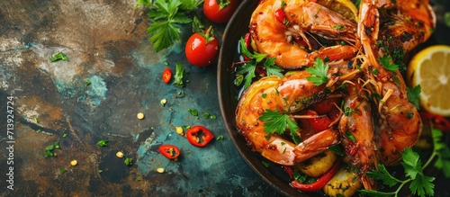 Fresh shrimp on white plate and fresh vegetables cooked shrimps prawns and seafood spicy chili sauce coriander cooking shrimp salad lemon lime. Creative Banner. Copyspace image