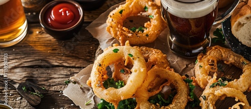 Delicious pub style onion rings with ketchup and beer. Creative Banner. Copyspace image photo