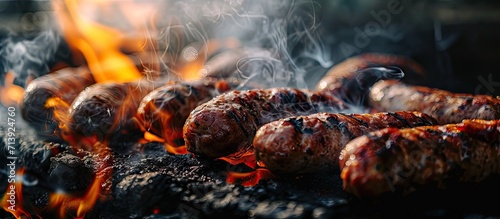 Brats being cooked on a grill with flame and smoke. Creative Banner. Copyspace image