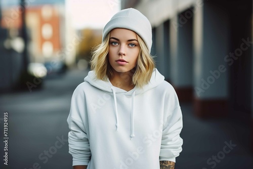 A beautiful white female with shoulder length blond wavy hair, wearing a white winter beanie, facing forward, wearing