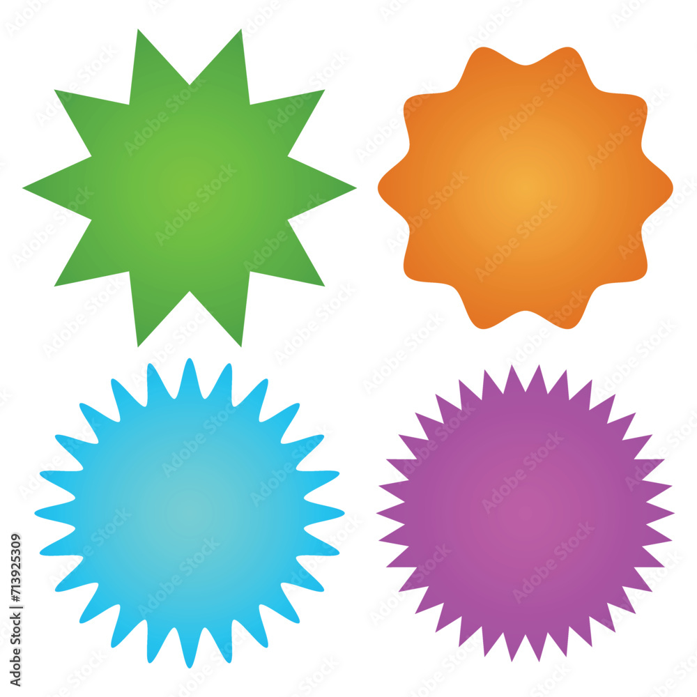 Set of vector starburst, sunburst badges. Different color. Simple flat style Vintage labels. Colored stickers. 66.11.
