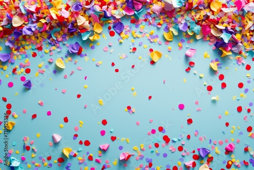 close-up view of scattered confetti and glitter on a blue surface