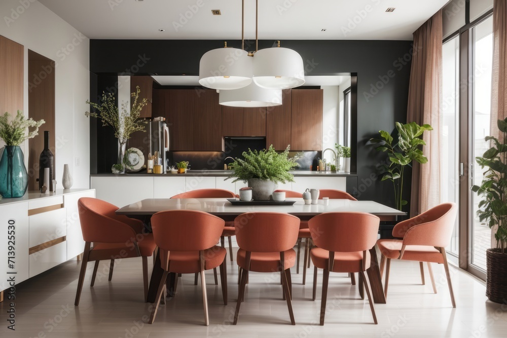 Interior home design of modern dining room with classic dining table and chairs Interior home design of modern dining room with classic dining table and chairs