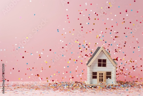 shower of colorful confetti with miniature house
