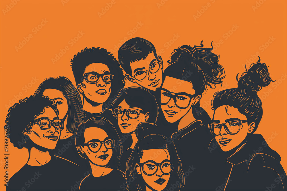 Empowered Group of Diverse Individuals with Glasses - Illustration Celebrating Unity and Individuality Empowered Group of Diverse Individuals with Glasses - Illustration Celebrating Unity and Individuality