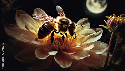 Nocturnal Harmony: Bee and Dahlia Under Moonlight"