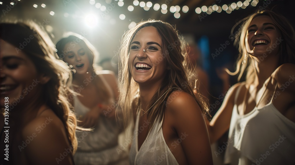 Group of young women dancing in a party, real photo, stock photography with a documentary-style approach, capturing candid moments and emotions
