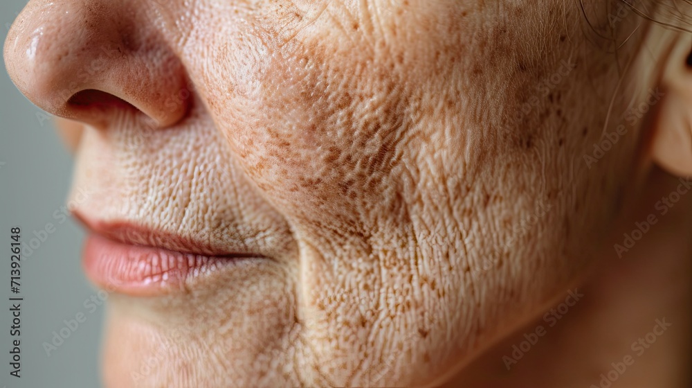 close-up of age pigment spots on the face skin of an old human.Generative AI close-up of age pigment spots on the face skin of an old human.Generative AI