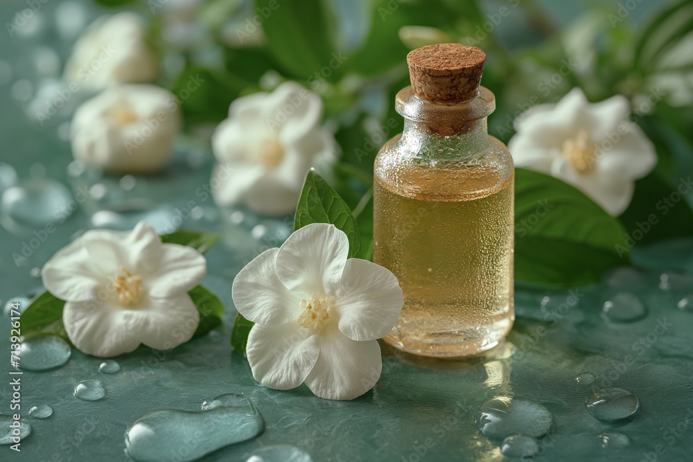 Photo of Jasmine Flowers and Essential Oil on a Lush Green Background Photo of Jasmine Flowers and Essential Oil on a Lush Green Background