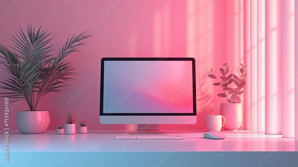 Desktop Without Gui 3D Minimal desktop with blank screen mockup, Empty screen for text, and ...