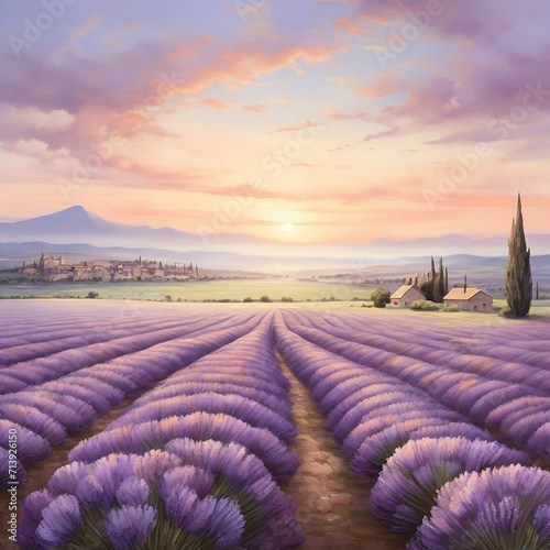 A home beneath a lavender field under a setting sun ai generated photo